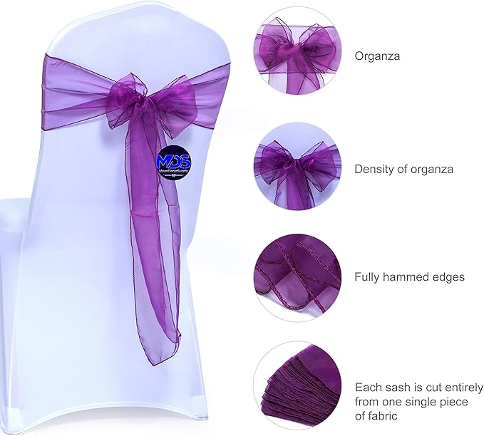 MDS Pack of 25 PCS Organza Chair Sashes Wider Dining Chair Bows Ribbon Tie Back for Wedding Party Birthday Bridal Shower Reception Event Banquet Home Chair Cover Decoration - Dark Purple