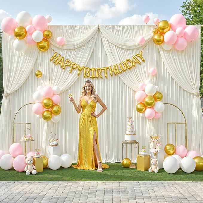 Backdrop Curtain Set, 10 Panels, Ivory Wrinkle-Free Fabric, 5x12 Ft