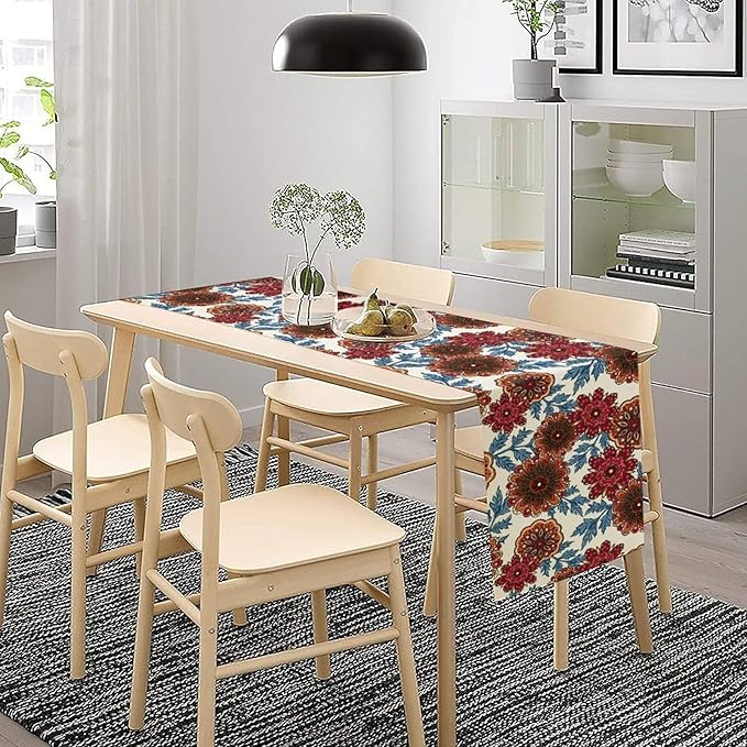 Mandala Flower Table Runner, Vintage Oriental Exotic Native Red Floral Blue Branch Leaves Botanical Print Table Runner for Farmhouse Kitchen Dining Table Decor, 13x90inch