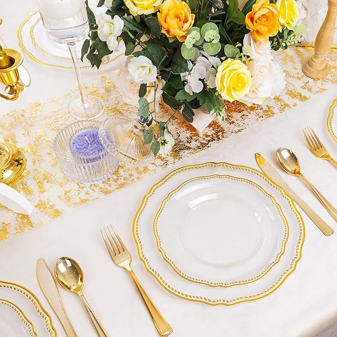 Hioasis 60pcs Clear Plastic Plates - Clear and Gold Disposable Dinnerware with Gold Rim, Heavy-duty, 7.5 inch, Dessert Plates for Party & Wedding