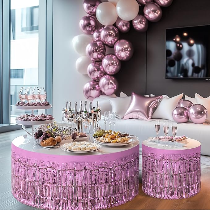 8 Pack Pink Table Skirts, 29x108" Metallic Foil Tinsel Fringe Table Skirts for Rectangle Tables Streamer Curtains Backdrop, Party Decorations for Birthdays Weddings Holidays