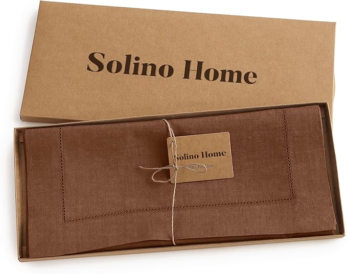 Solino Home Linen Brown Table Runner 120 Inches Long - 100% Pure Linen Hemstitch 14 x 120 Inch Table Runner for Dining, Fall, Autumn, Thanksgiving - Classic Hemstitch