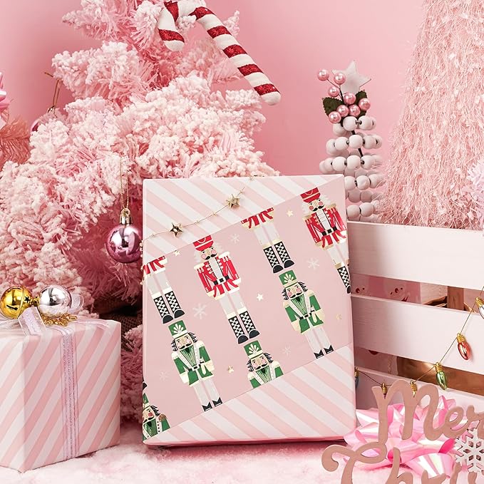 LeZakaa Christmas Pink Wrapping Paper Mini Roll for Kids, Pink Metallic Foil Gift Wrap Paper with Red & Green Nutcracker Soldier & Stripe Reversible Design, 17 inches x 32.8 Feet