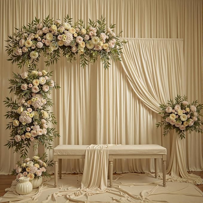 60ftx12ft Wrinkle Free Beige Backdrop Curtain, 12 Panels 12FT Height Beige Wedding Backdrop Drapes, Silky Polyester Back Drop Cloth for Birthday Photography Background Party Backdrop Draping