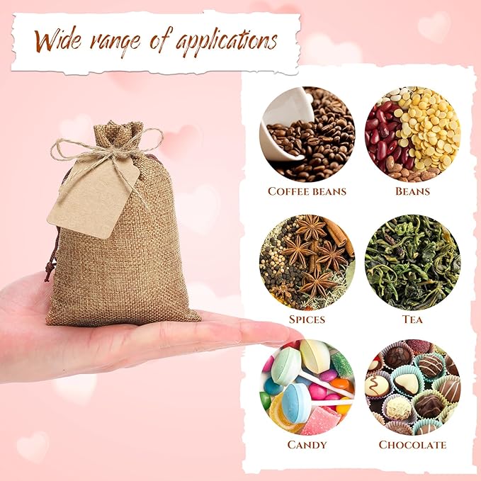 Gift Bags: 100 Dark Brown Burlap Drawstring Bags with Kraft Tags