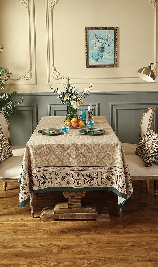 patdrea Designer French Rectangular Tablecloth,Beige Anti-Wrinkle Durable Floral Farmhouse Table Cloth,Decor Tables Covers for Kitchen Dining,Tea Party,Christmas,Thanksgiving,55"x87"-Fram