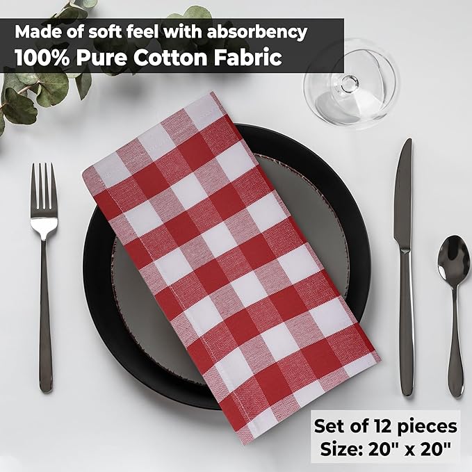 Cloth Dinner Napkins Set of 12, Square Red and White Checkered 100% Cotton