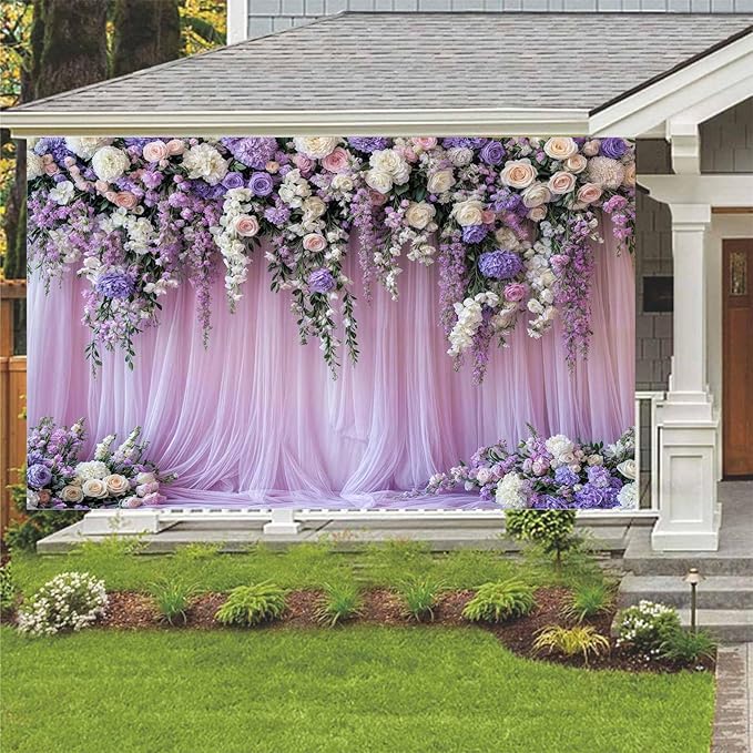 6x6ft Purple Lavender Floral Bridal Backdrop Wedding Flower Photography Backdrop for Girl Portrait Baby Shower Birthday Party Decor Banner Mother's Day Party Wall Backdrop Studio Photo Backgrounds