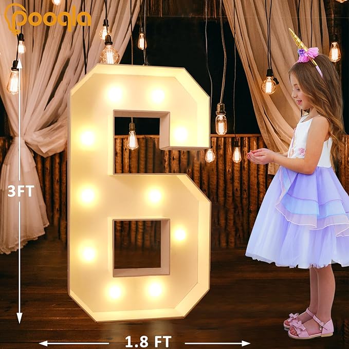 Party Decoration Light Up Marquee Number 6, 3 Ft Foam, Warm or Cold White