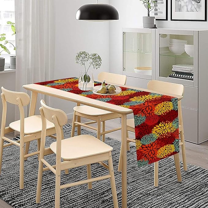 Red Yellow Dahlia Table Runner, Seasonal Autumn Thanksgiving Pattern Print for Home Kitchen Table Decor Dining Coffee Room Party Decor 13x90 Inch