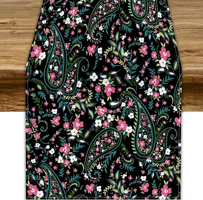 Paisley Table Runner, Abstract Vintage Boho Pink Paisley Flowers Green Teal Leaves Print Table Runner for Dinning Holiday Party Indoor Outdoor Decor, 13x60inch