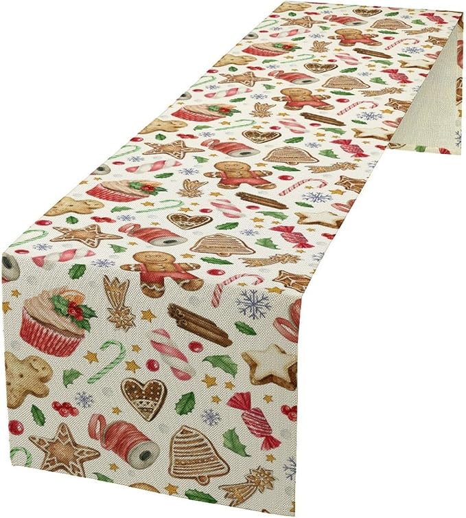 Christmas Table Runner, Christmas Gingerbread New Year Xmas Table Cloth Kitchen Dining Table Decoration for Home Party Decor 13x90 Inch