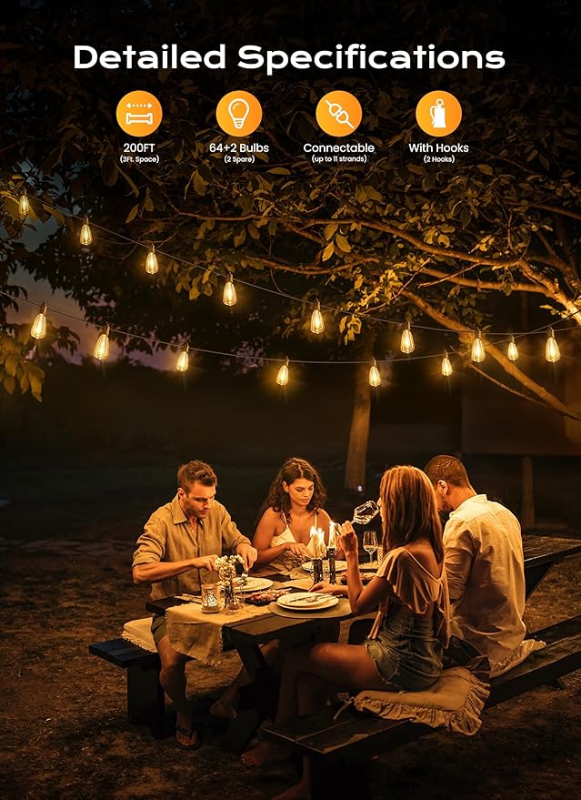 String Lights, 200 FT Black Shatterproof ST38 Edison Bulbs