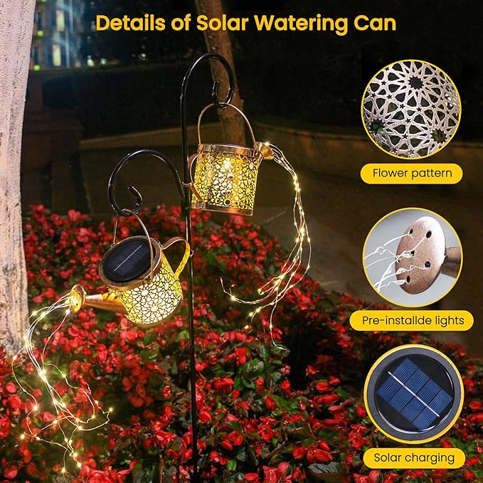 String Lights Solar Watering Can Garden Decor, Warm White Metal