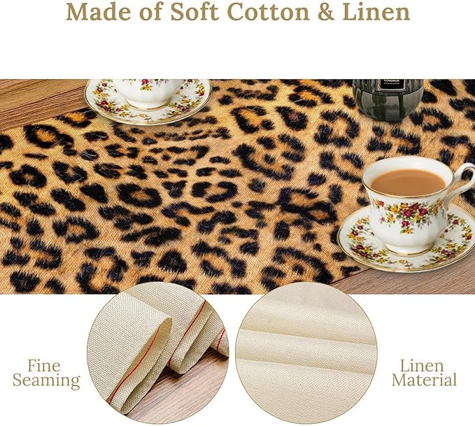 Leopard Print Dinning Table Runner, Cotton Linen Rustic Cottage Country Farm Safari Wildlife Fur Print Table Runners for Table Dresser Runner Dinning Kitchen Party Holidays Home, 13x90 Inch