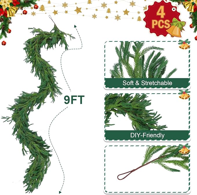 Garlands for Holiday Decor, Green Norfolk Pine Style, 2 x 9 Ft