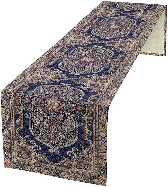 Vintage Boho Floral Table Runner, French Rustic Country Farmhouse Purple Golden Bohemia Flower Pattern for Home Kitchen Table Decor Dining Coffee Room Party Decor 13x60in