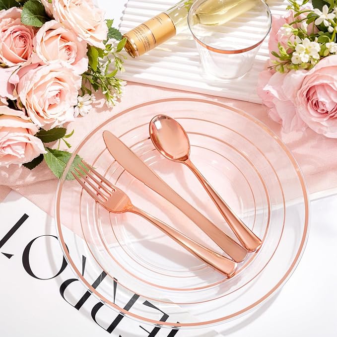Disposable Plates, Clear Plastic with Rose Gold Trim, 150-Piece Set