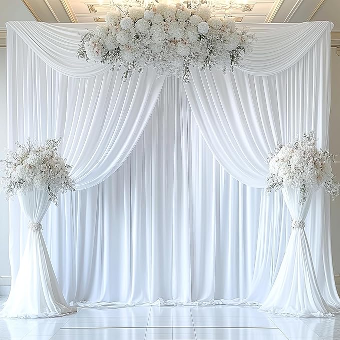 50ftx14FT Wrinkle Free White Backdrop Curtain, 10 Panels 14FT Height White Wedding Backdrop Drapes, Silky Polyester Back Drop Cloth for Birthday Photography Background Party Backdrop Draping