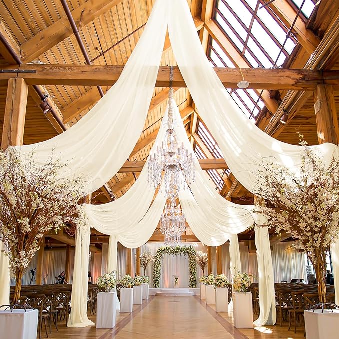 6 Panels Ivory Wedding Curtains - 5ftx30ft, Romantic Cheesecloth Sheer Drapes for Arch, Draping Fabric, Party & Ceremony Staging