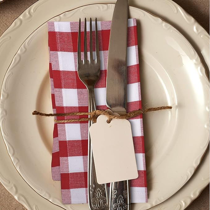 Cloth Dinner Napkins Set of 12, Square Red and White Checkered 100% Cotton