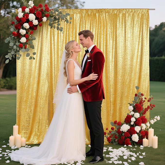 SquarePie Sequin Backdrop Curtain Not See Through Background for Wedding Party 7FT x 7FT Gold
