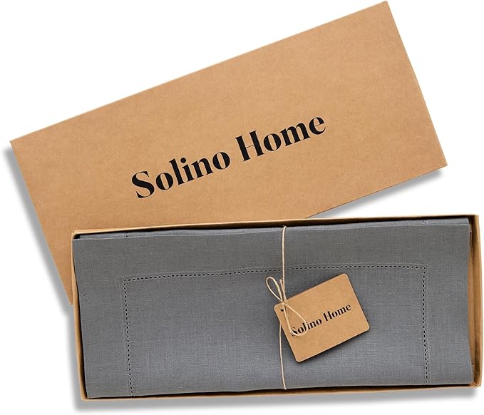 Solino Home Linen Steel Gray Table Runner 120 Inches Long - 100% Pure Linen Hemstitch 14 x 120 Inch Table Runner for Dining, Fall, Autumn - Classic Hemstitch