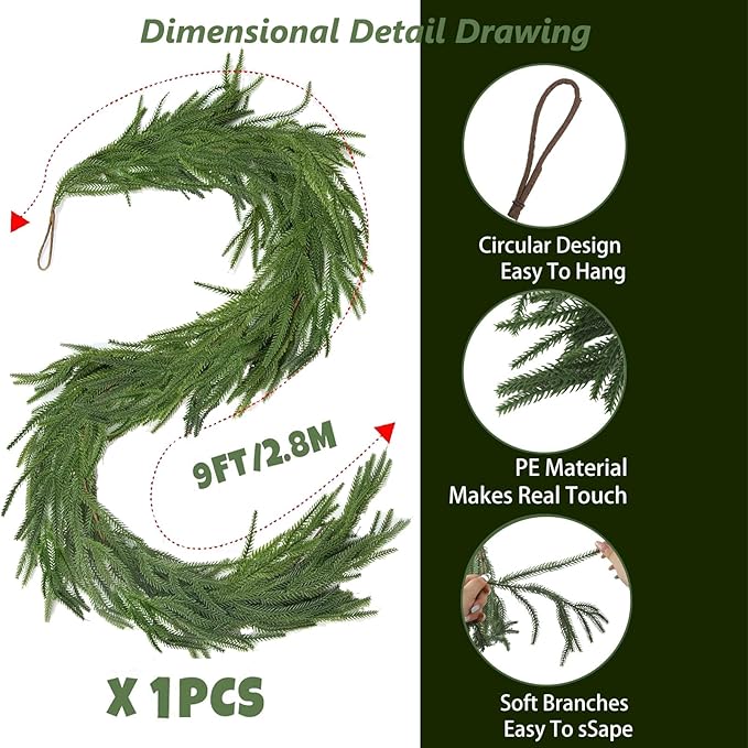 9FT Artificial Norfolk Pine Garlands for Christmas Decorations,Real Touch Winter Faux Greenery Garlands for Mantel Table Stair Fireplace Wall Holiday Indoor Outdoor Decor(1 Pack)