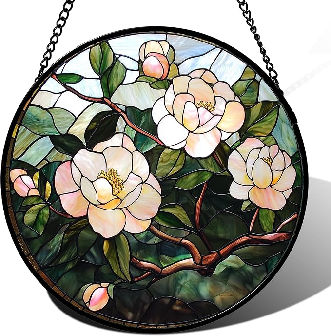Stained Glass Suncatcher, Light Pink Flowers Green Leaf Sun Catcher Plant Stain Glass Window Hanging Decoration Mother's Day Birthday Gifts for Women Men Mom Nana 9.8 in