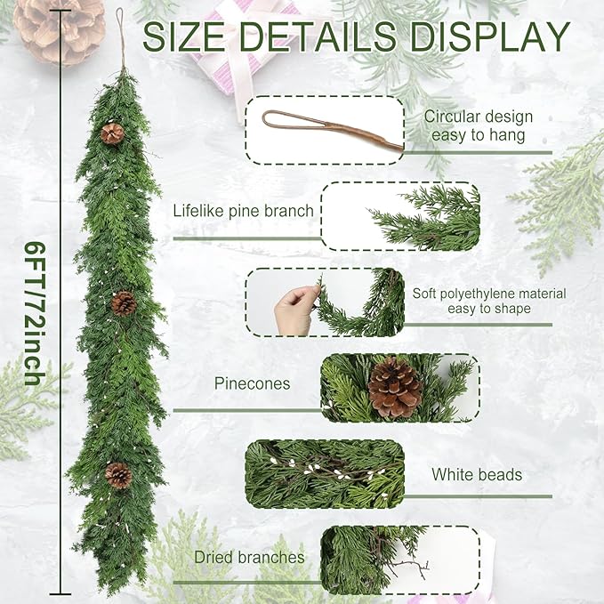 Christmas Garland, 6 Ft Dark Green with Pinecones and White Beads