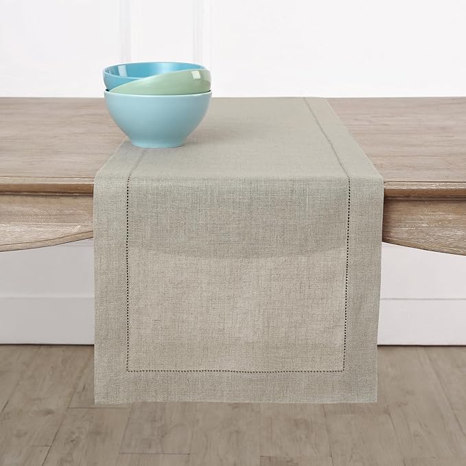 Solino Home Linen Natural Table Runner 60 Inches - Classic Hemstitch, 100% Pure Linen Coffee Table Runner 14 x 60 Inch Ideal for Dresser Tables - Fall, Autumn, Halloween, Thanksgiving, Christmas