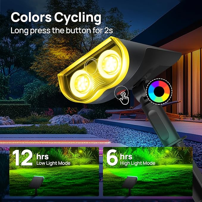 Spotlights, Solar Powered with 8 Color Modes, IP67 Waterproof for Outdoor Use