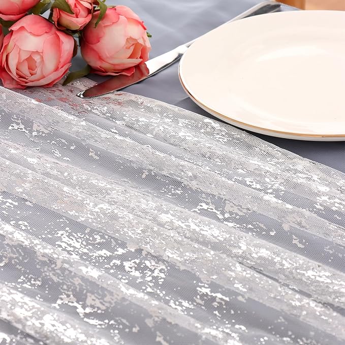 LOMOHOO 10 Ft Silver Table Runner, Silver Sheer Sequin Table Runners 120 Inches Long Glitter Metallic Foil Lace Fabric Table Decor for Birthday Party Wedding Anniversary Centerpiece (3pcs)