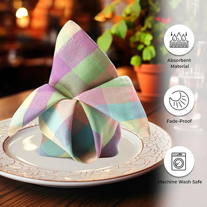 Cloth Napkins Set of 12, Square 100% Cotton, Easter Checks