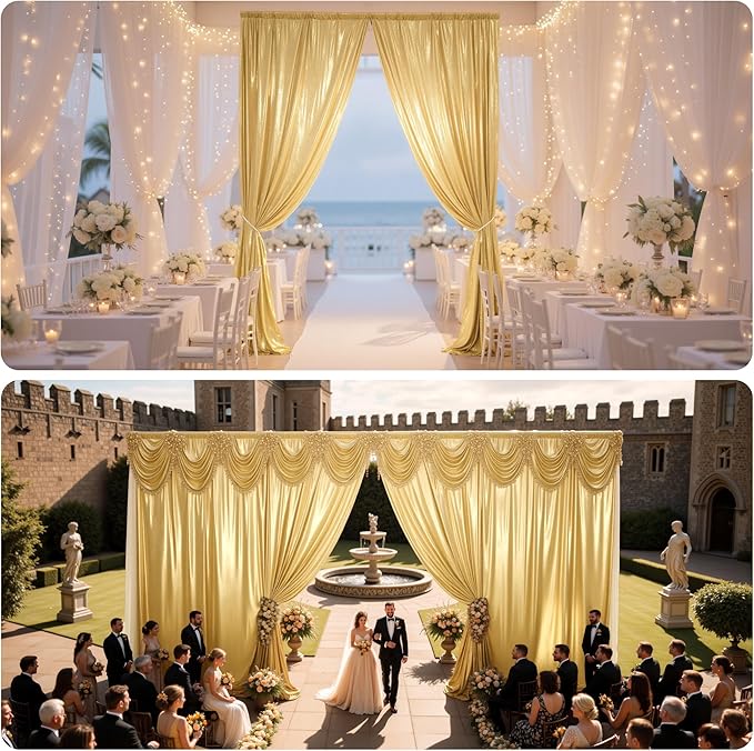 Gold Sequin Backdrop Drape, 10 Panels 5 x 10 ft, Wrinkle-Free Polyester