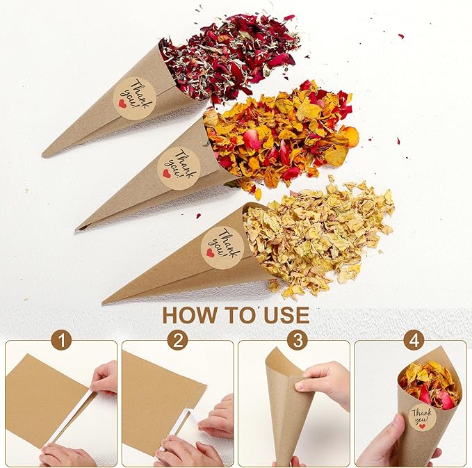 PATIKIL Dried Flower Confetti Cones, 30Pcs Paper Tapers Cone Holder with Dried Rose Petal / Sticker for Wedding Party Engagement Birthday DIY Decoration, Red/Yellow