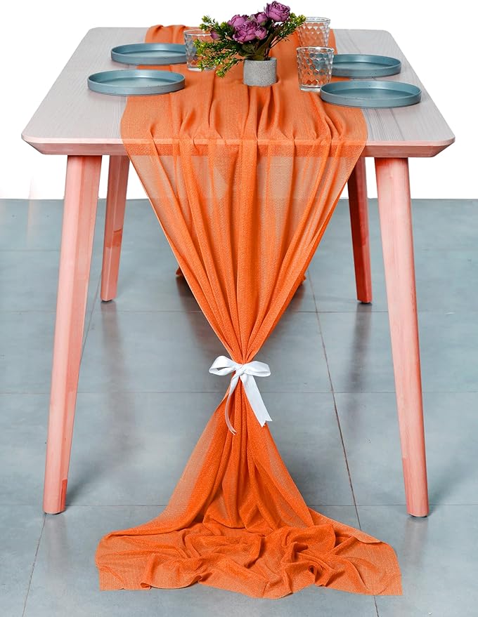 MDS 10 Pack 10ft Chiffon Table Runner 29 x 120 Inches Sheer Wedding Runner Romantic Rustic Table Runner for Wedding Decorations, Birthday Parties, Bridal Shower Party Arch Decor - Orange