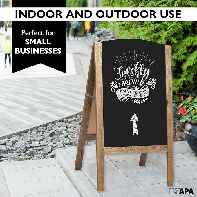 Ilyapa A-Frame Chalkboard Sidewalk Sign - Rounded Top Folding Standing Sandwich Sign for Restaurant, Office, Weddings - Rustic Barnwood, 18 x 31.5 in