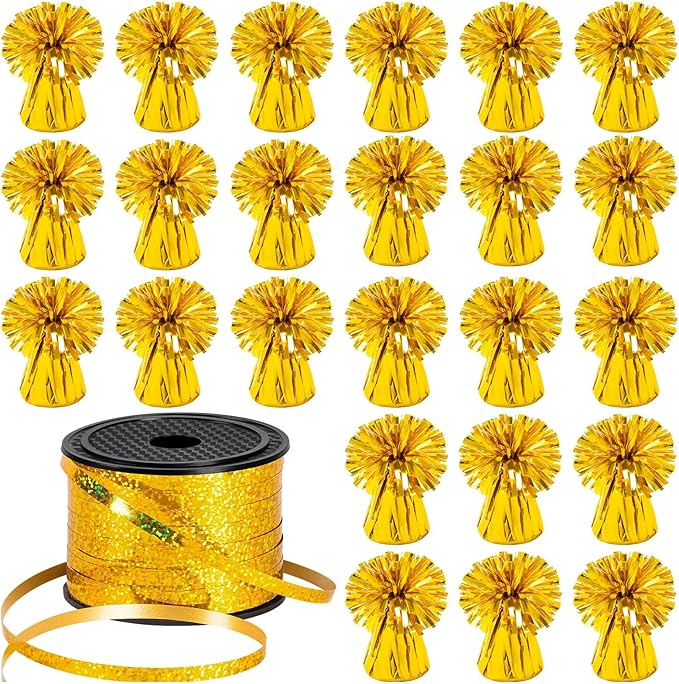 Balloon Weights, 24 Gold Metallic Foil Anchors with Ribbon