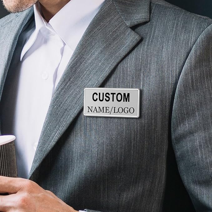 Custom Name Tags ID Badges with Logo Name Personalized Name Badges Custom Name Tag ID Badge with Pin Backing Customizable Name Tag for Business Offices Stores Restaurant, 1.5x2.8 in, 5PCS