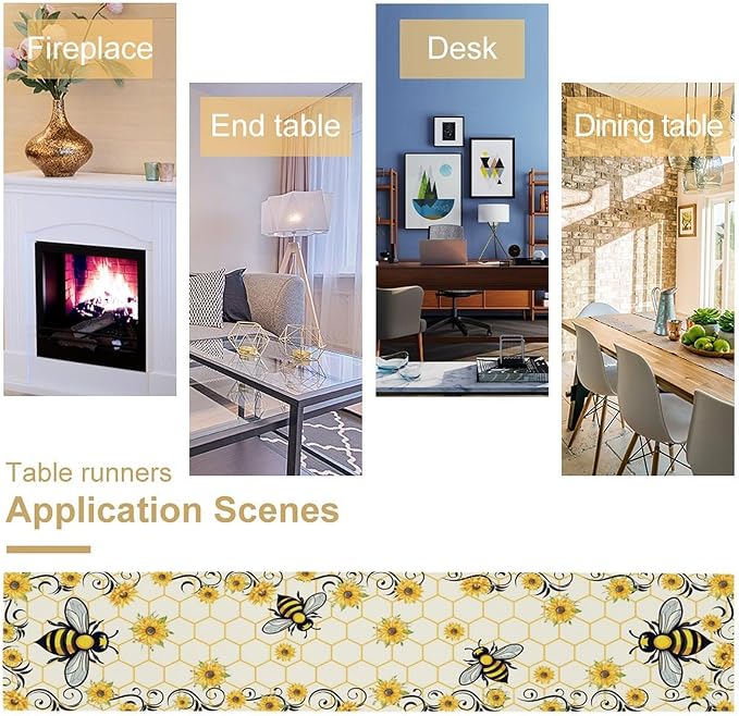 Bee Sunflower Table Runner, Farmhouse Orange Honeycomb Vintage Spring Summer Flowers Print Table Cover for Party Wedding Home Kitchen Dining Table Decor, 13x36inch