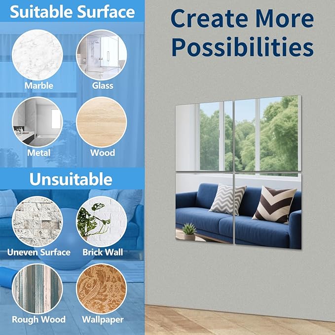 Unbreakable Acylic Small Mirror Tiles for Kids, (4-Pcs 14x14 Inch) Plastic Mirrors for Wall, Stick on Mirrors for Wall Decor, Shatterproof Mirror for Kids Bedroom