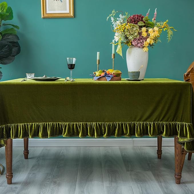 Velvet Tablecloth Luxurious Solid Rectangle Table Cloth,Oblong Retro Farmhouse Ruffle Tablecloths Washable Table Cover for Party Olive Green,52x70 Inches