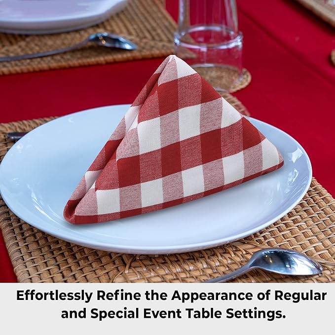 Cloth Dinner Napkins Set of 12, Square Red and White Checkered 100% Cotton
