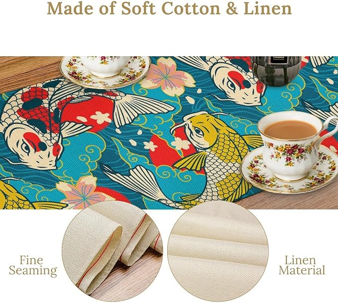 Japanese Kio Fish Table Runner Oriental Tradition Cherry Art Printed Burlap Runner Home Kitchen Dining Table Living Room Decor Fabric 1 Panel W13xL108in