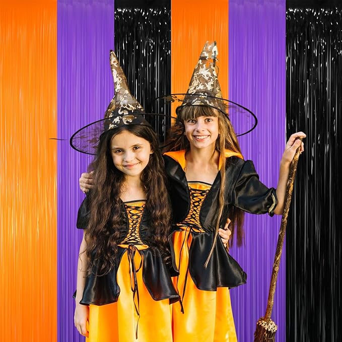 GOER 6.4 ft x 8.2 ft Metallic Tinsel Foil Fringe Party Backdrop for Halloween Birthday Graduation New Year's Party Decorations(2 Packs,Black&Orange&Purple)