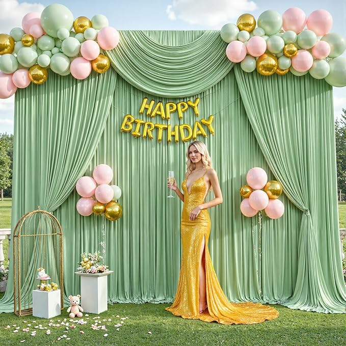 Backdrop Curtain Set, Sage Green, 10 Panels, Wrinkle-Free Fabric