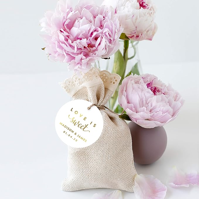 Andaz Press Personalized Round Circle Wedding Gift Tags, Metallic Gold Ink, Love is Sweet, 24-Pack, Custom Made Any Name