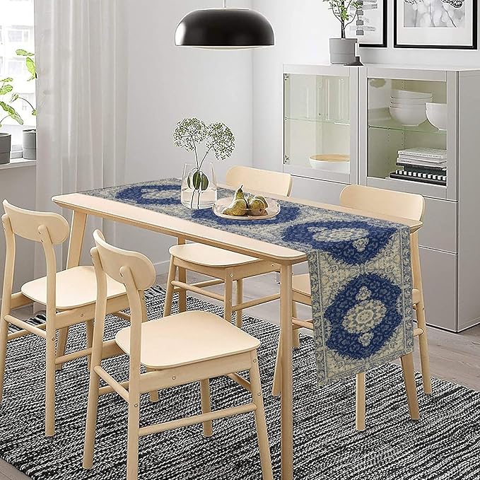 Boho Bohemia Style Dark Blue Table Runner, Country Rustic Farmhouse Magical Abstract Print Pattern for Home Kitchen Table Decor Dining Coffee Room Garden Party Decor 13x60in