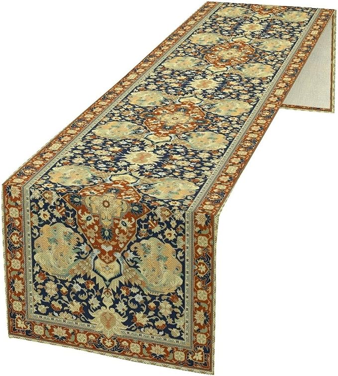 Vintage Boho Floral Table Runner, Elegant Luxurious Rustic Country Farmhouse Navy Blue Gold Retro Flower Pattern for Home Kitchen Table Decor Dining Coffee Room Party Decor 13x36in